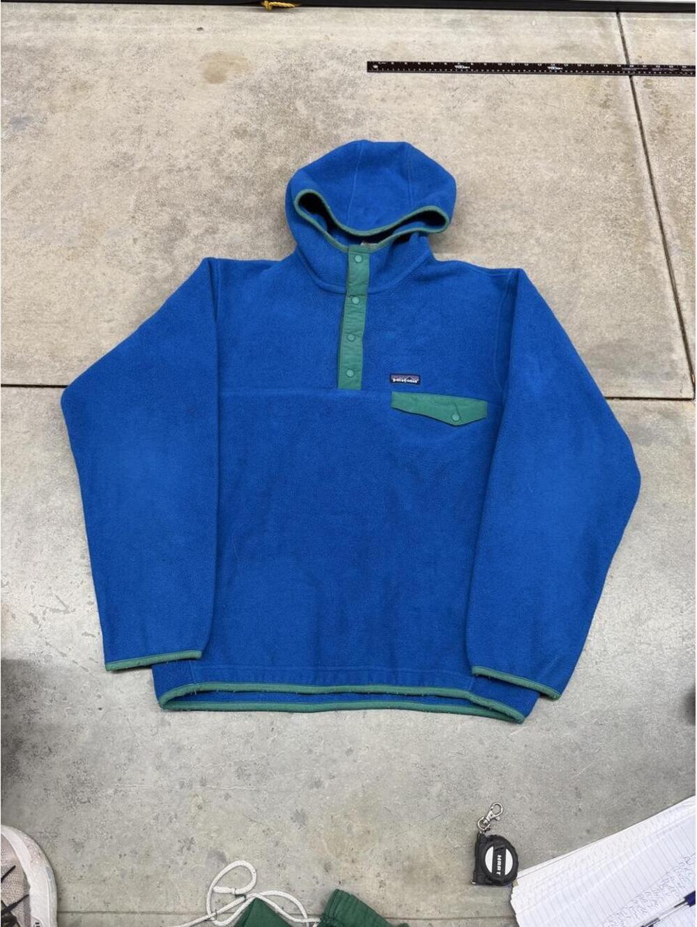 vintage patagonia synchilla blue and green hooded fleece jacket size medium